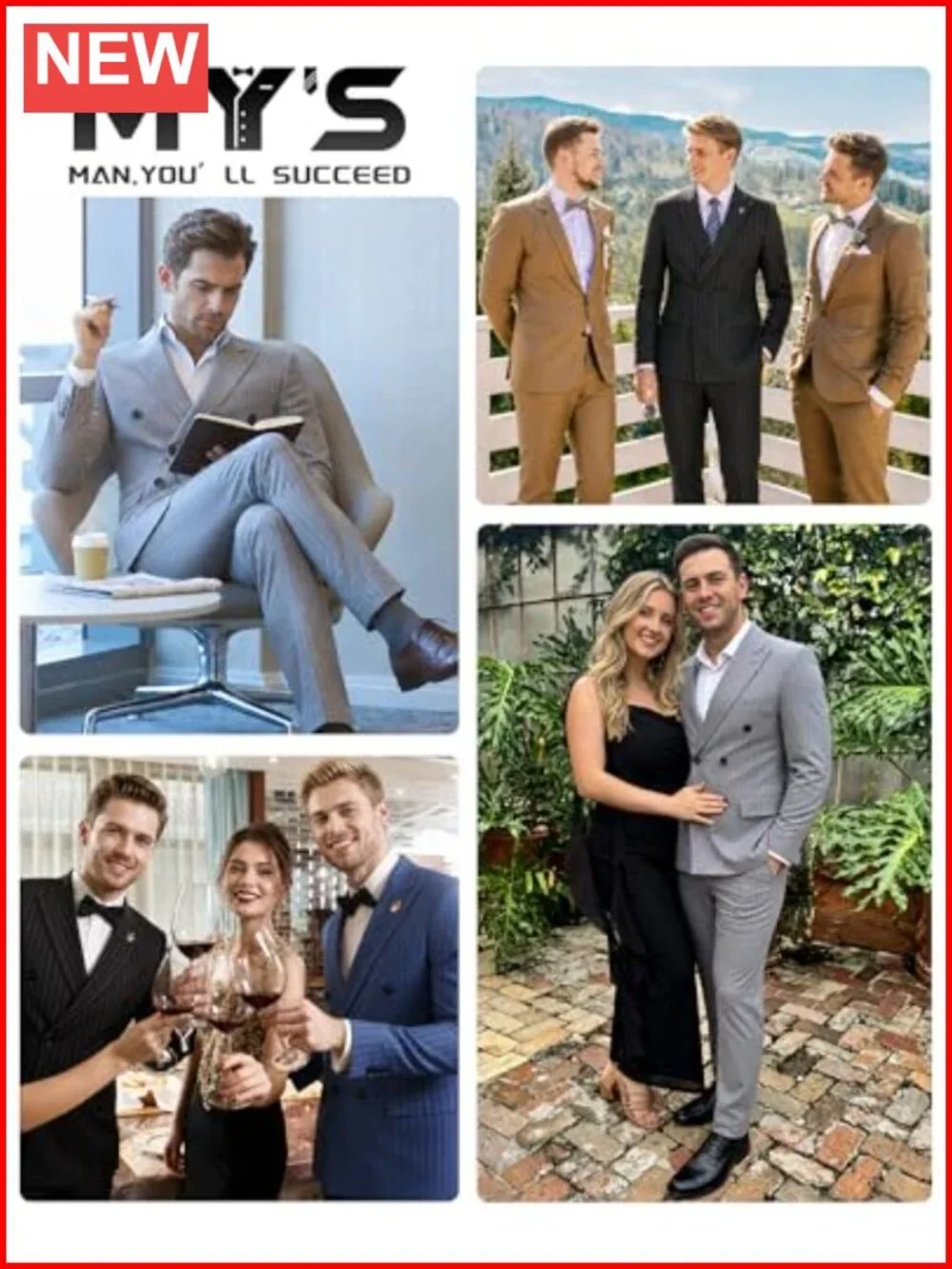 Men's 2 Piece Double-Breasted Slim Fit Stripe Suit Blazer Pants Tie Set